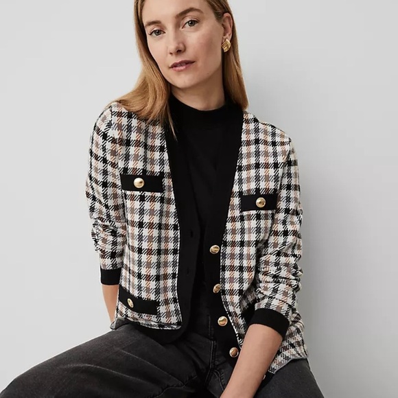 Ann Taylor Menswear Pattern Cardigan Houndstooth Checked Button Size Large - Picture 1 of 14